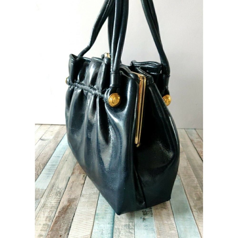 ROOMY VINTAGE NAVY BLUE SOFT VINYL FRAMED POCKETBOOK BAG HANDBAG PURSE - Picture 6 of 12